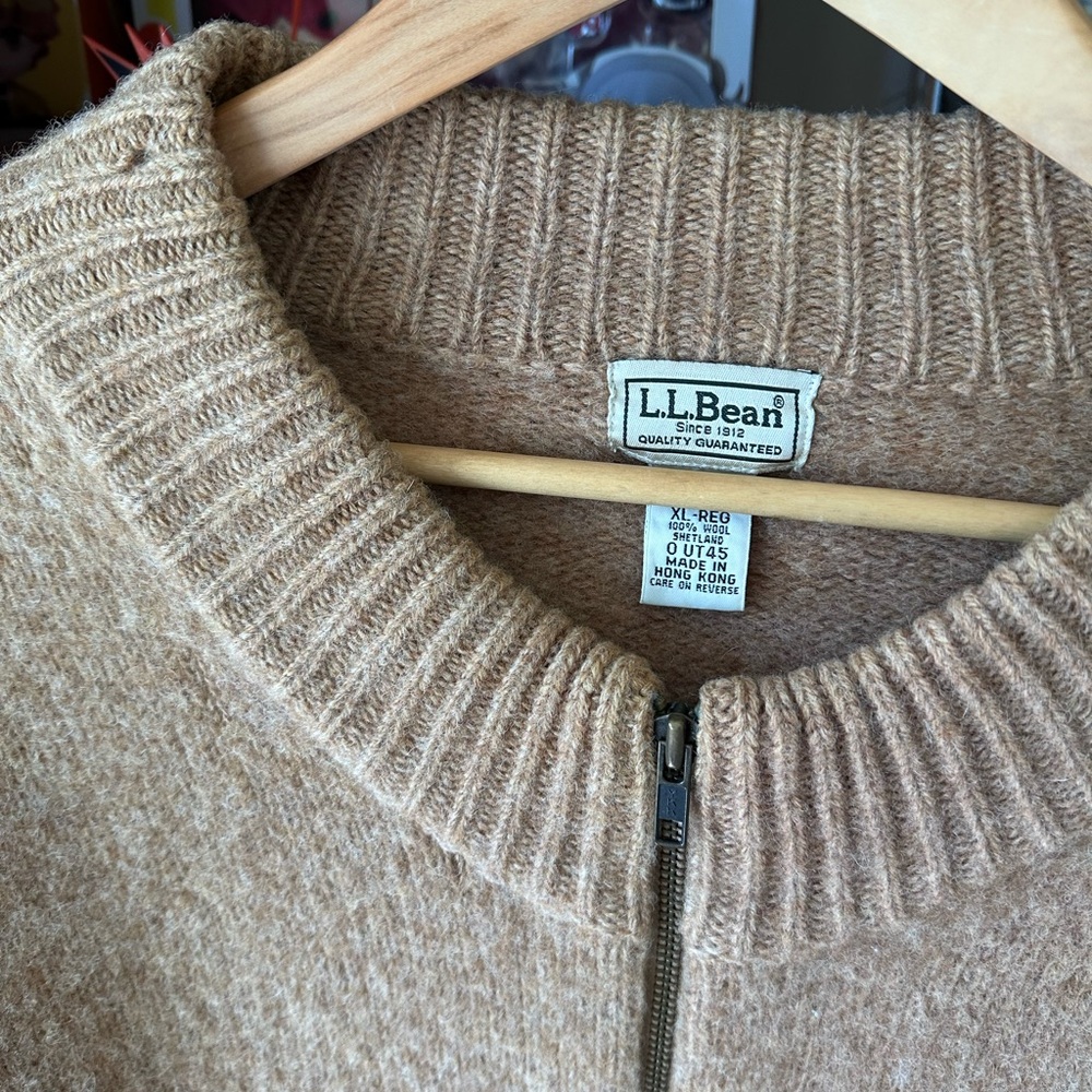 Vintage L.L.Bean Tan Shetland Wool Zip Sweater Men’s XL Distressed - Picture 2 of 11